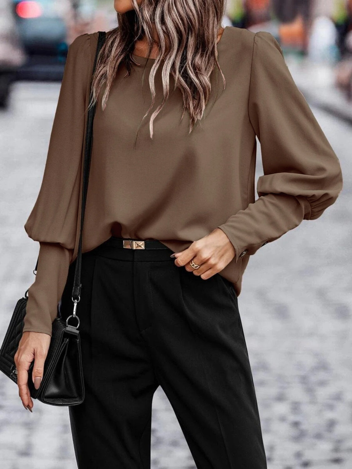 Decorative Button Long Sleeve Blouse