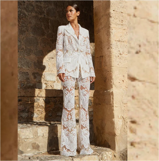 Elegant White Lace Tuxedo Suit