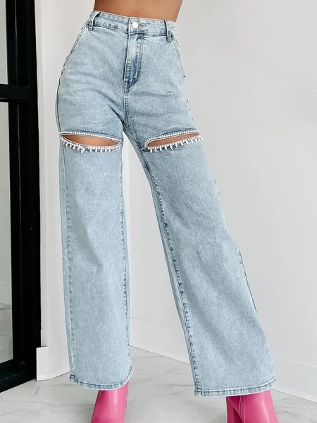 Casual Studded Ripped Straight Leg Jeans