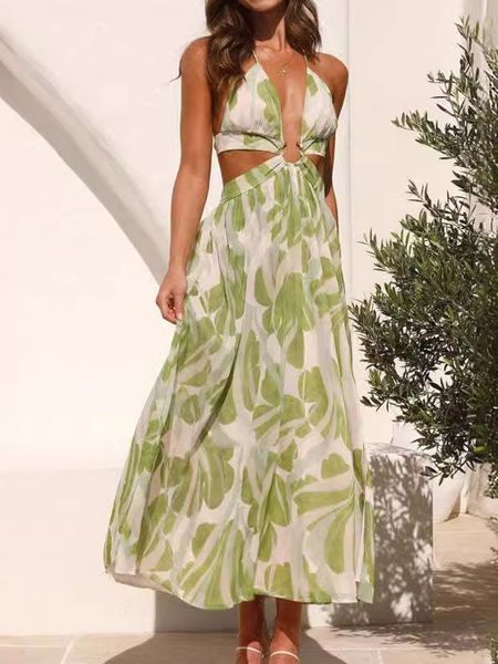 V-neck Backless Strap Print Big Swing Long Dress