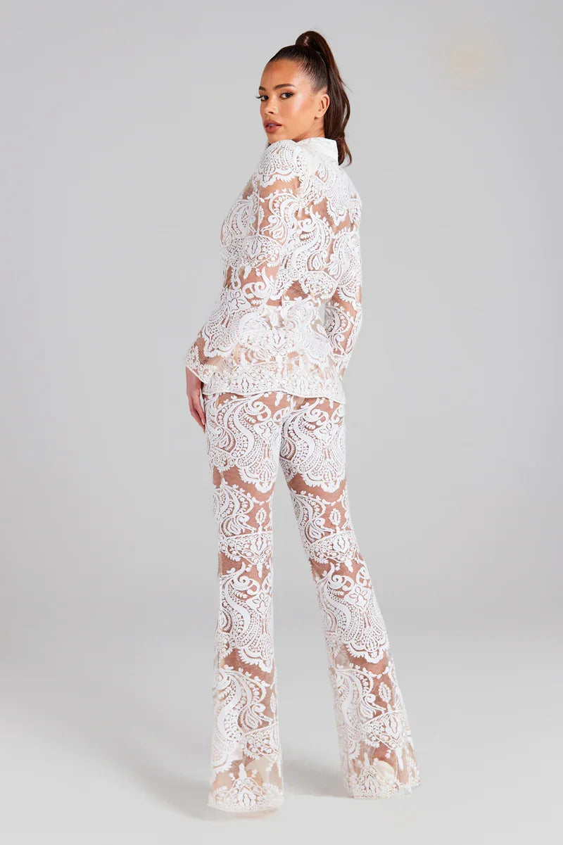 Elegant White Lace Tuxedo Suit