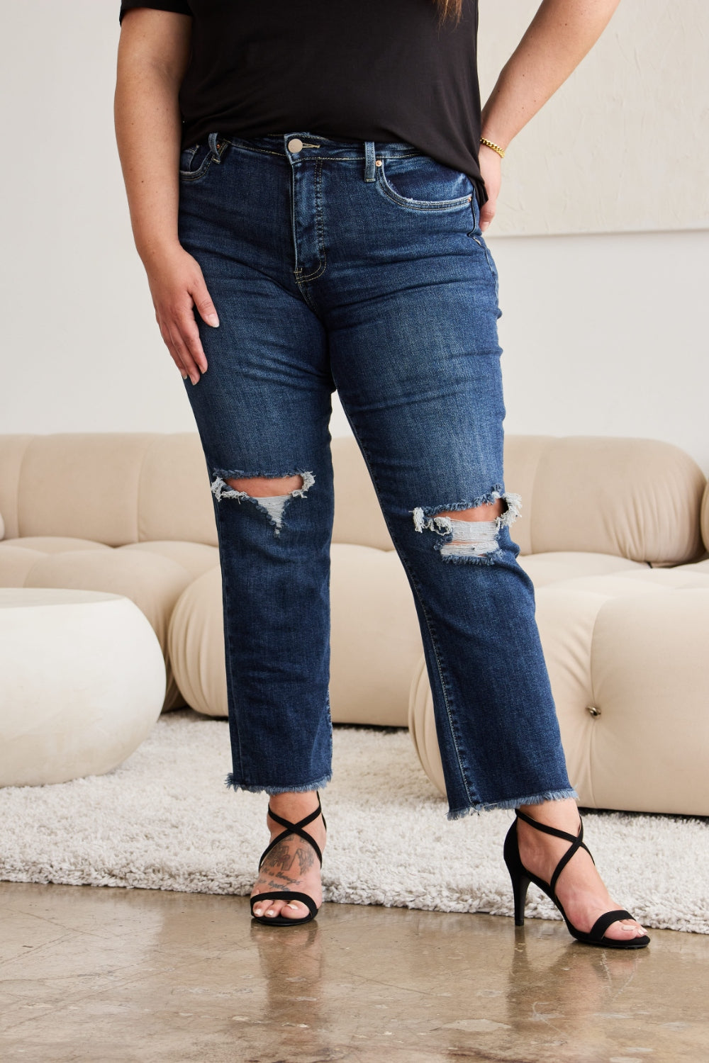 Tummy Control Distressed High Waist Raw Hem Jeans