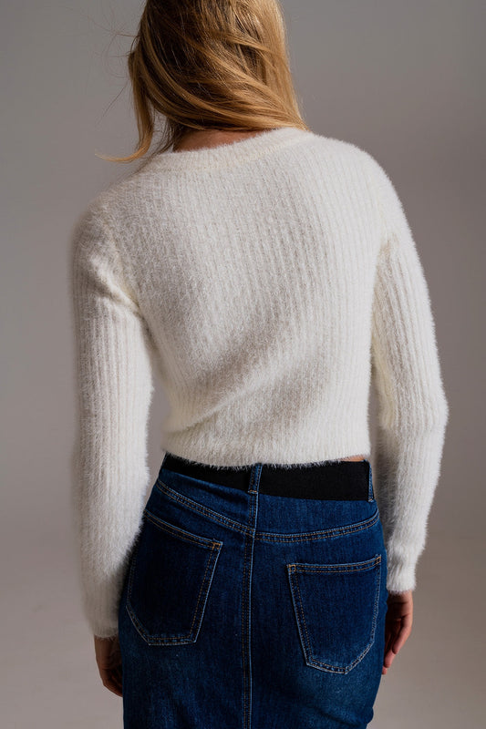 White Ribbed Cropped Sweater