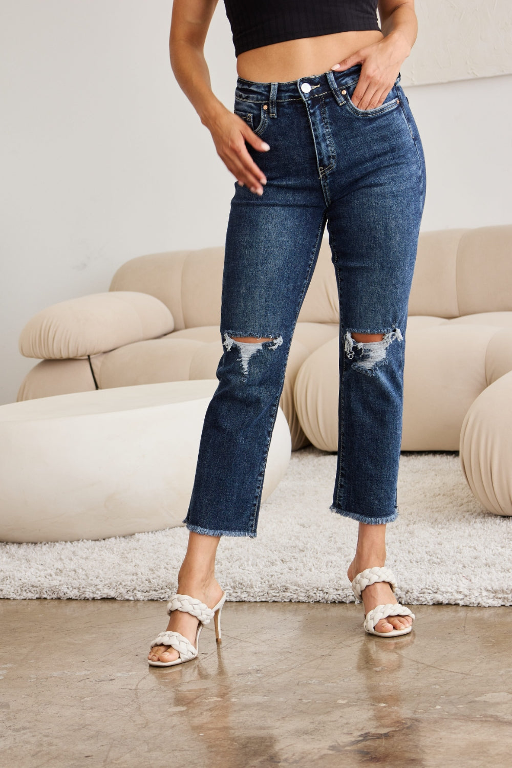 Tummy Control Distressed High Waist Raw Hem Jeans