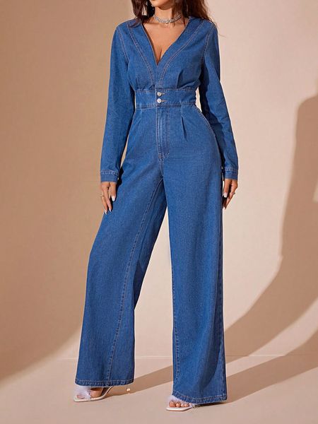 Casual Slim Fit Demin V Neck Jumpsuits