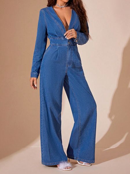 Casual Slim Fit Demin V Neck Jumpsuits