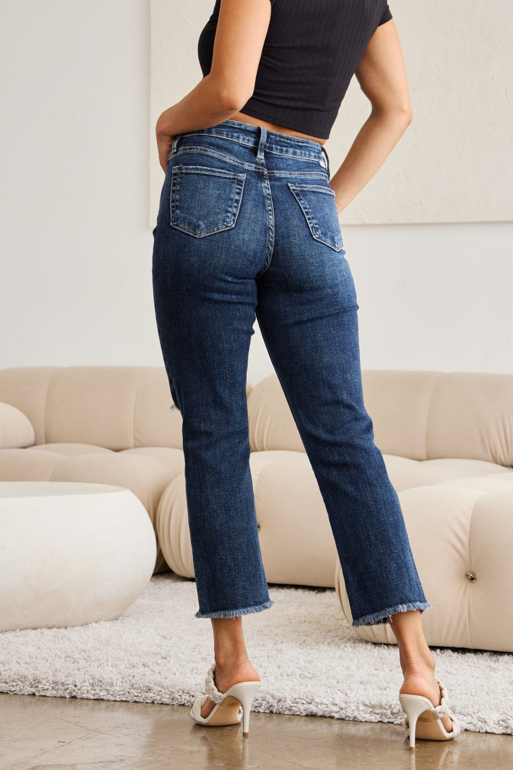 Tummy Control Distressed High Waist Raw Hem Jeans