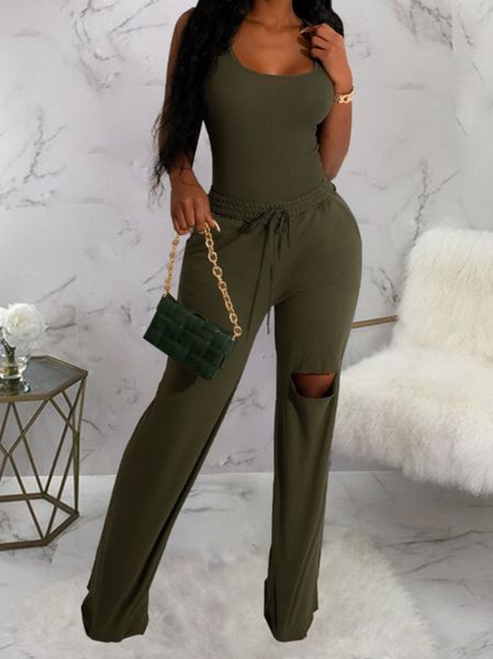 Racerback Bodysuit and Distressed Wide Leg Pant 2pc Set