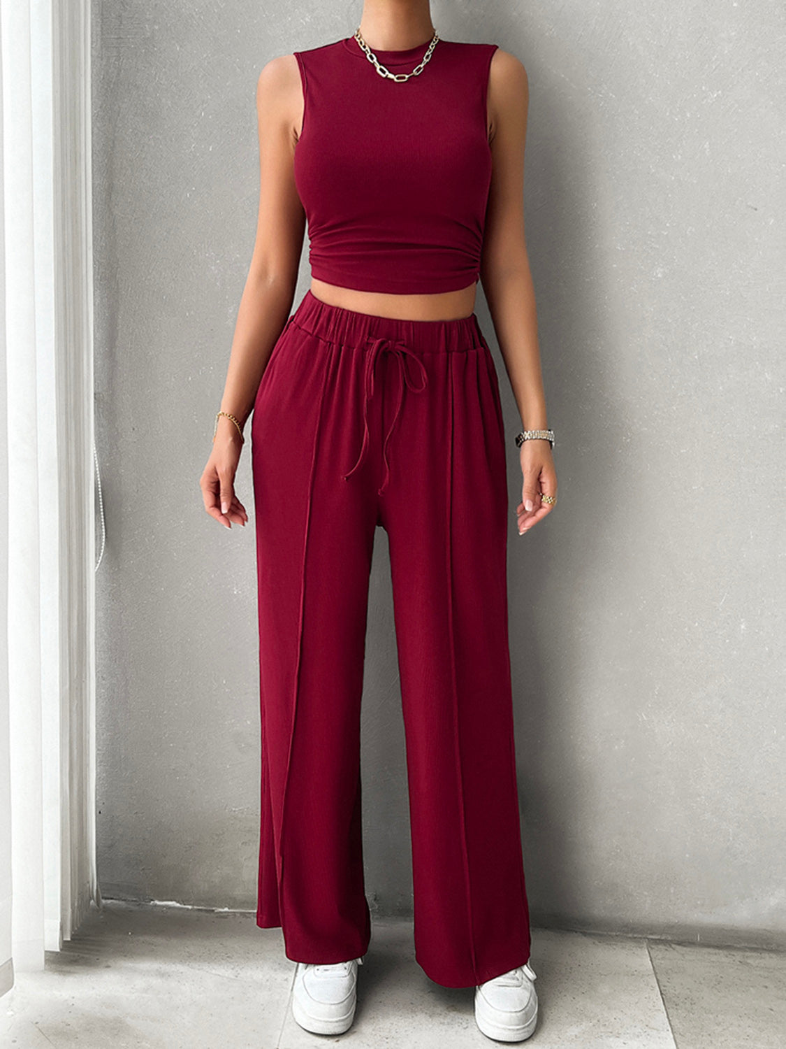 Casual Sleeveless Top and Drawstring Pants Set