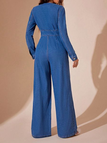 Casual Slim Fit Demin V Neck Jumpsuits