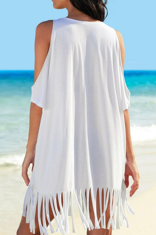 Fringe V-Neck Cold Shoulder Cover Up