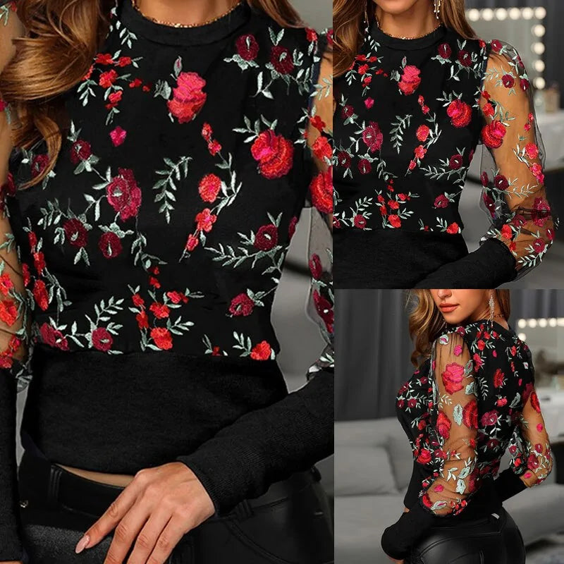 Mesh Embroidered Floral Long Sleeve Blouse