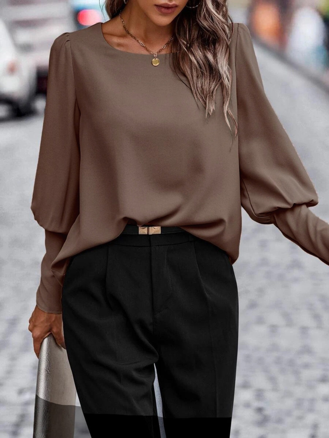 Decorative Button Long Sleeve Blouse