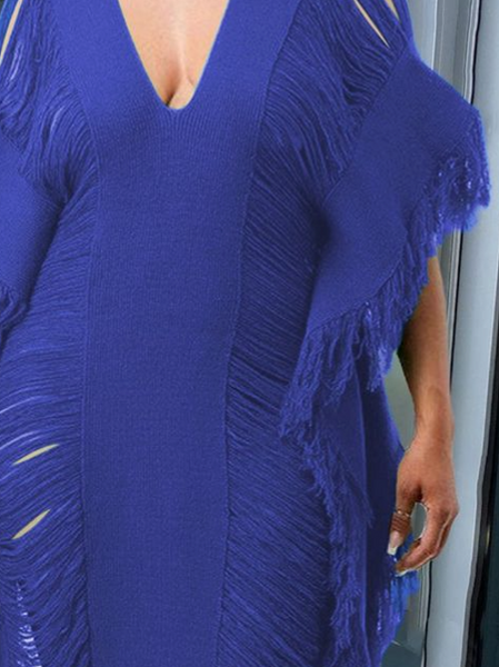 Solid color V-neck Knitted Fringed Dress