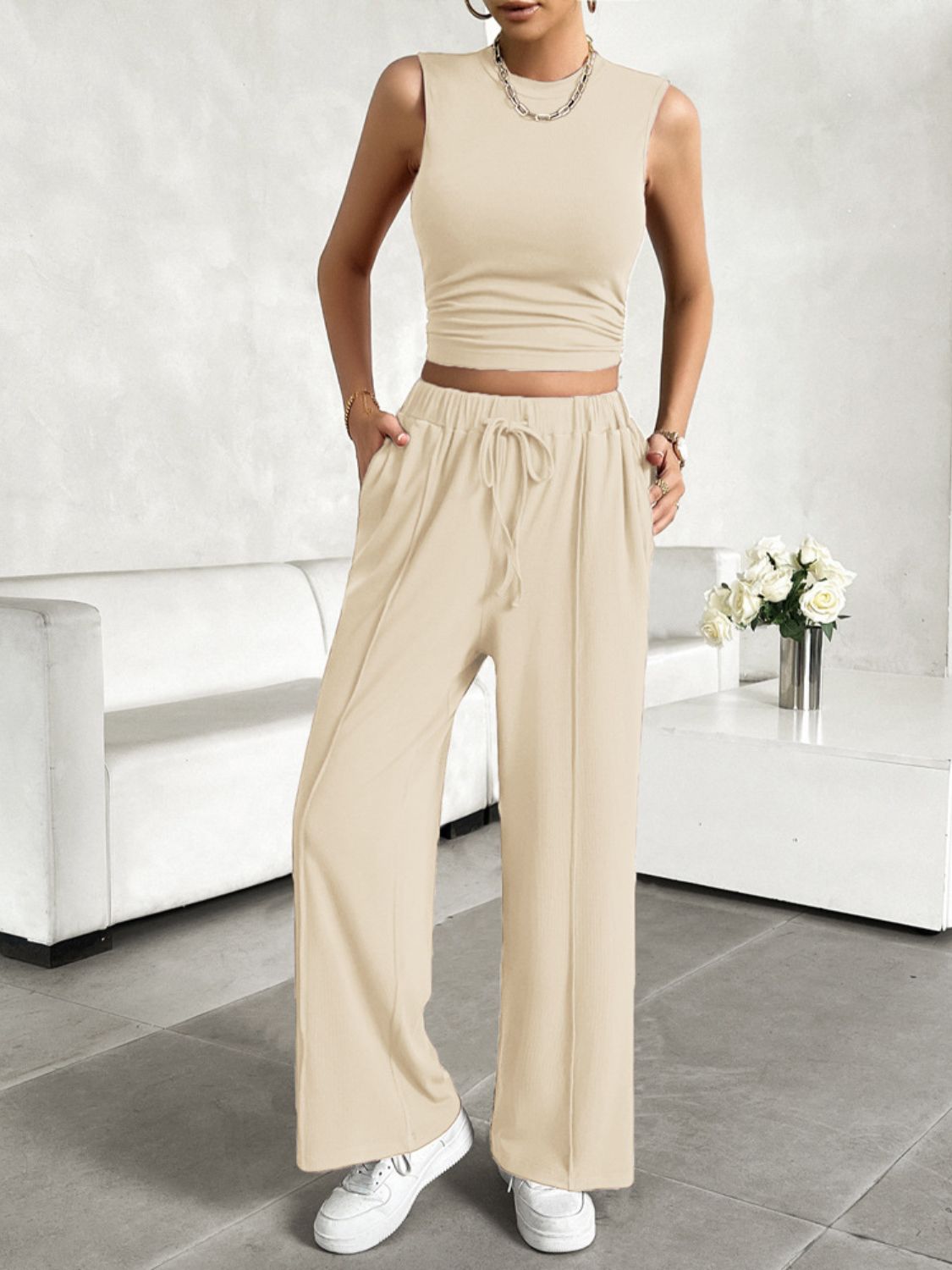 Casual Sleeveless Top and Drawstring Pants Set