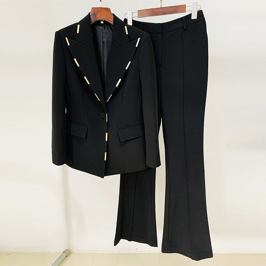 One Button Blazer & Bell Bottom Pants Two Piece Suit