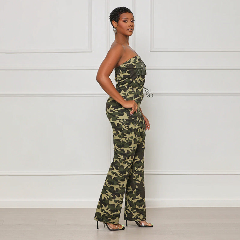 Nightclub Off Shoulder Camouflage Jumpsuit