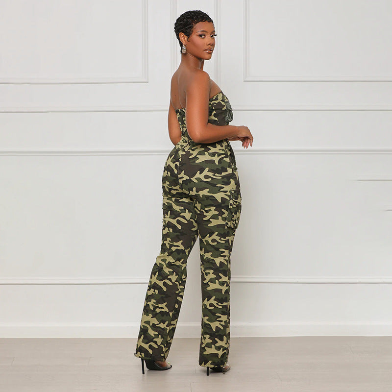 Nightclub Off Shoulder Camouflage Jumpsuit