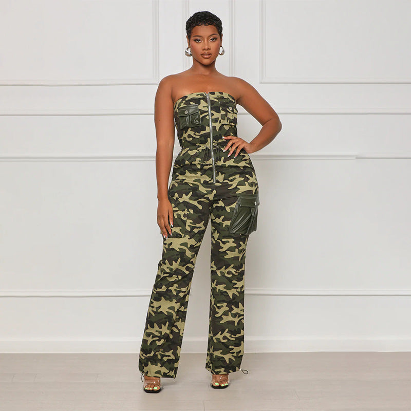 Nightclub Off Shoulder Camouflage Jumpsuit