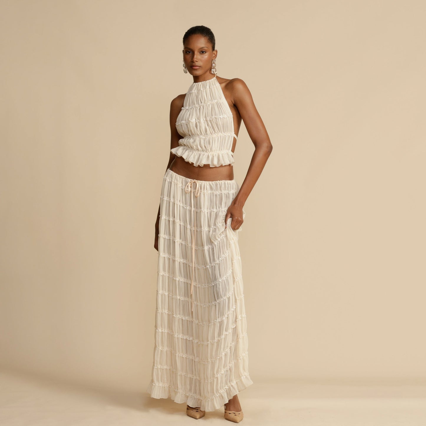 Backless Lace up Halterneck Sling Top and Wooden Ear Pleated Skirt Two Piece Set