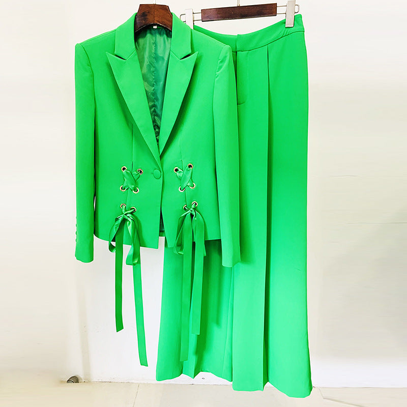 Early Star Ribbon Tie Blazer Wide Leg Pants Set