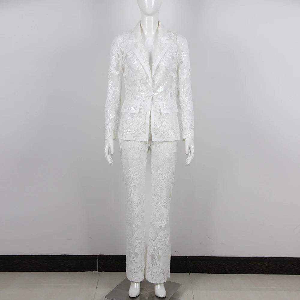 Elegant White Lace Tuxedo Suit