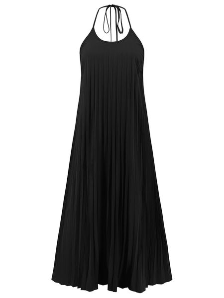 Black Halter A-line Pleated Dress