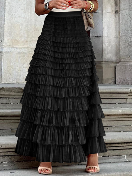 Mesh Flared Layered Long Skirt