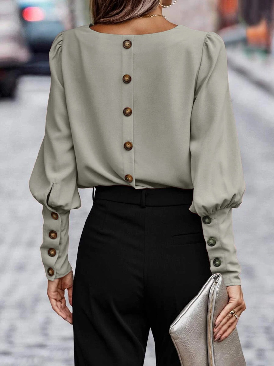 Decorative Button Long Sleeve Blouse