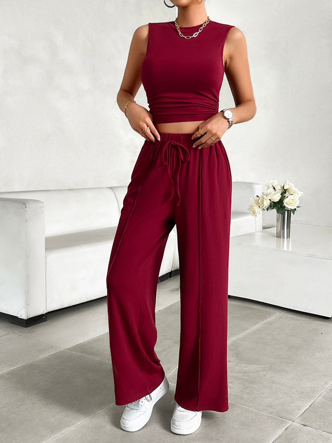 Casual Sleeveless Top and Drawstring Pants Set