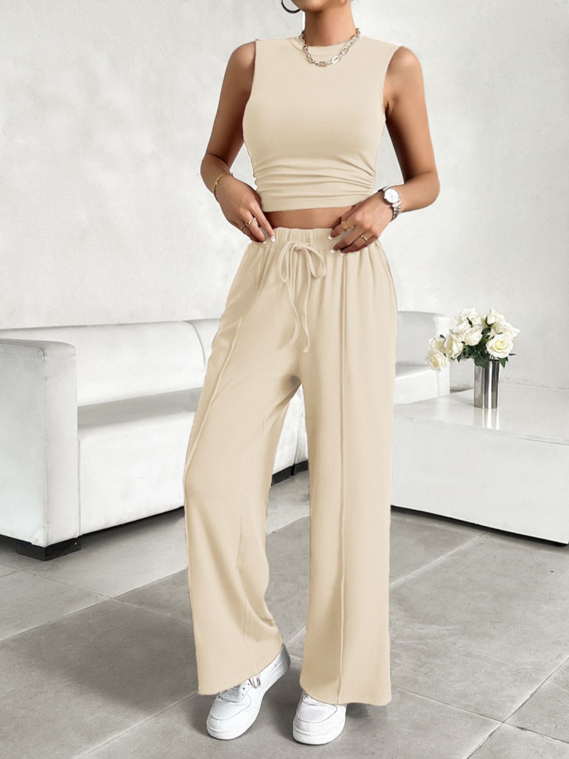 Casual Sleeveless Top and Drawstring Pants Set