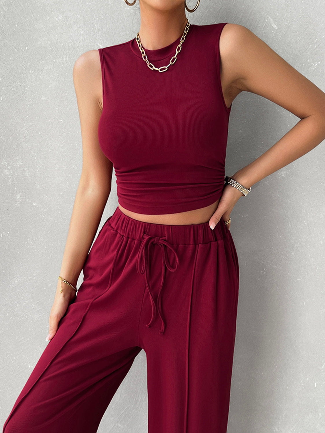 Casual Sleeveless Top and Drawstring Pants Set