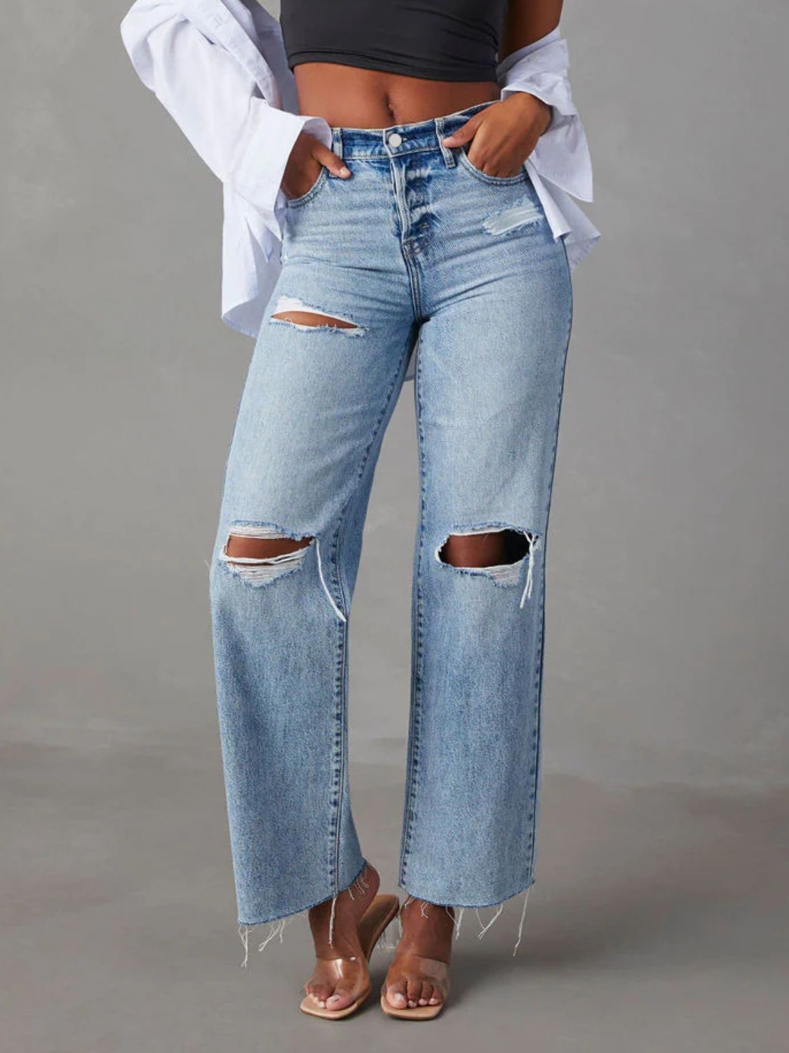 Distressed Straight Leg Jeans with Pockets