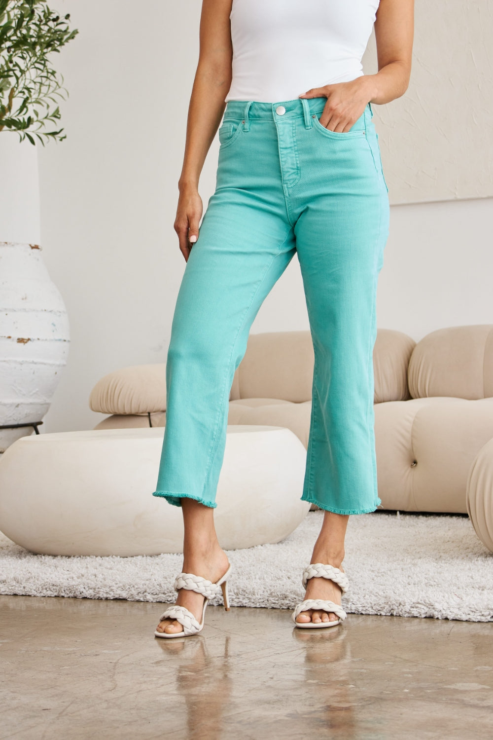 Chloe Full Size Tummy Control High Waist Raw Hem Jeans