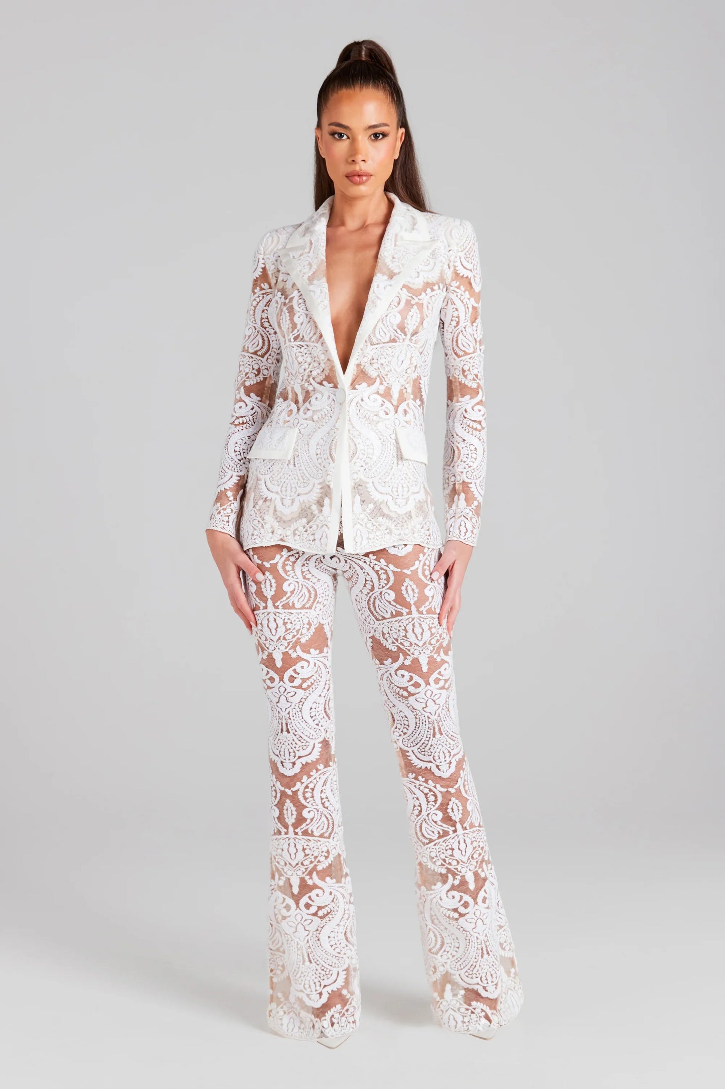 Elegant White Lace Tuxedo Suit