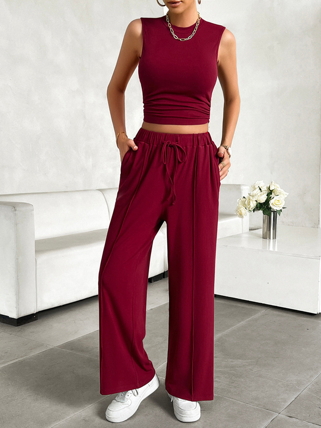 Casual Sleeveless Top and Drawstring Pants Set