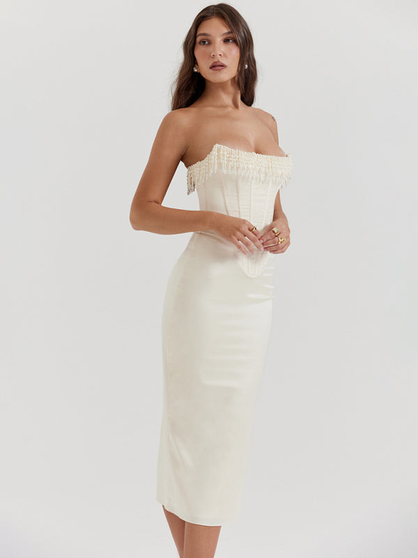 Off-Shoulder Pearl Fishbone Slit Dress