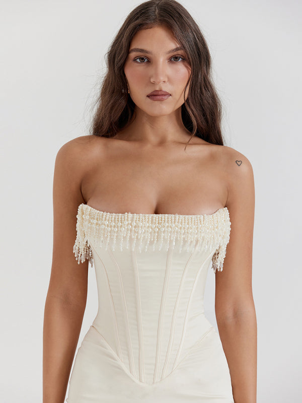 Off-Shoulder Pearl Fishbone Slit Dress