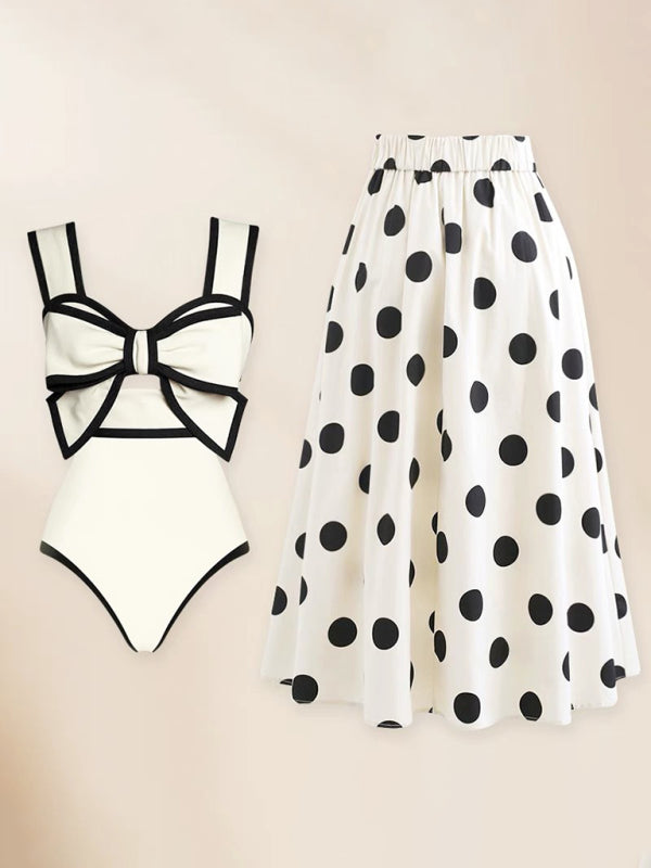 sexy bow one-piece swimsuit + polka dot print skirt (single piece)