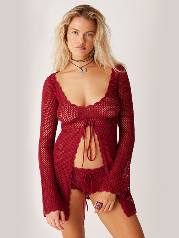 Knitted Hollow Bikini Swimsuit and Cover-up Top