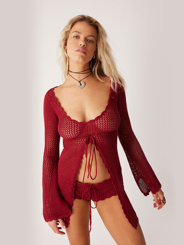 Knitted Hollow Bikini Swimsuit and Cover-up Top