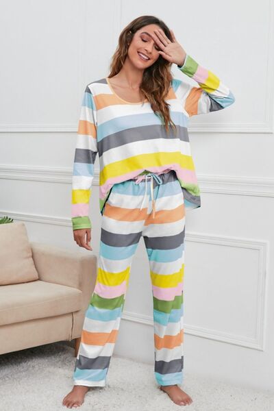 Striped Long Sleeve Top and Drawstring Pants Lounge Set