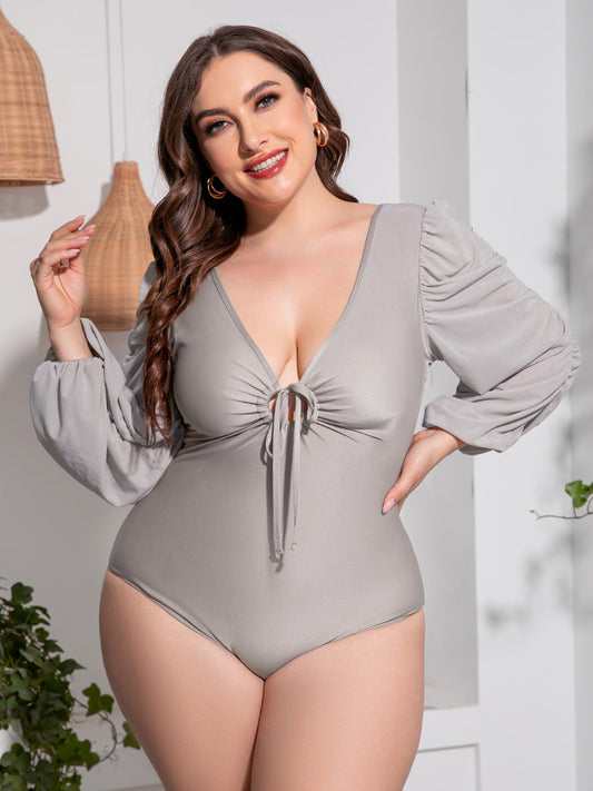 Deep V Balloon Sleeve One-Piece Swimsuit