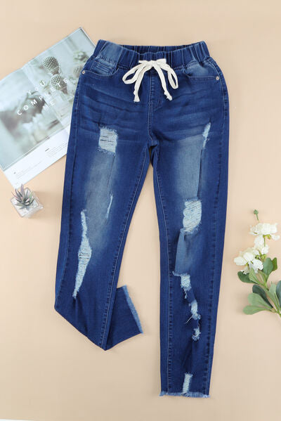 Drawstring Distressed Raw Hem Jeans