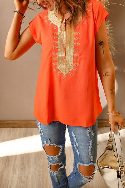 Gold Embroidered Short Sleeve Blouse