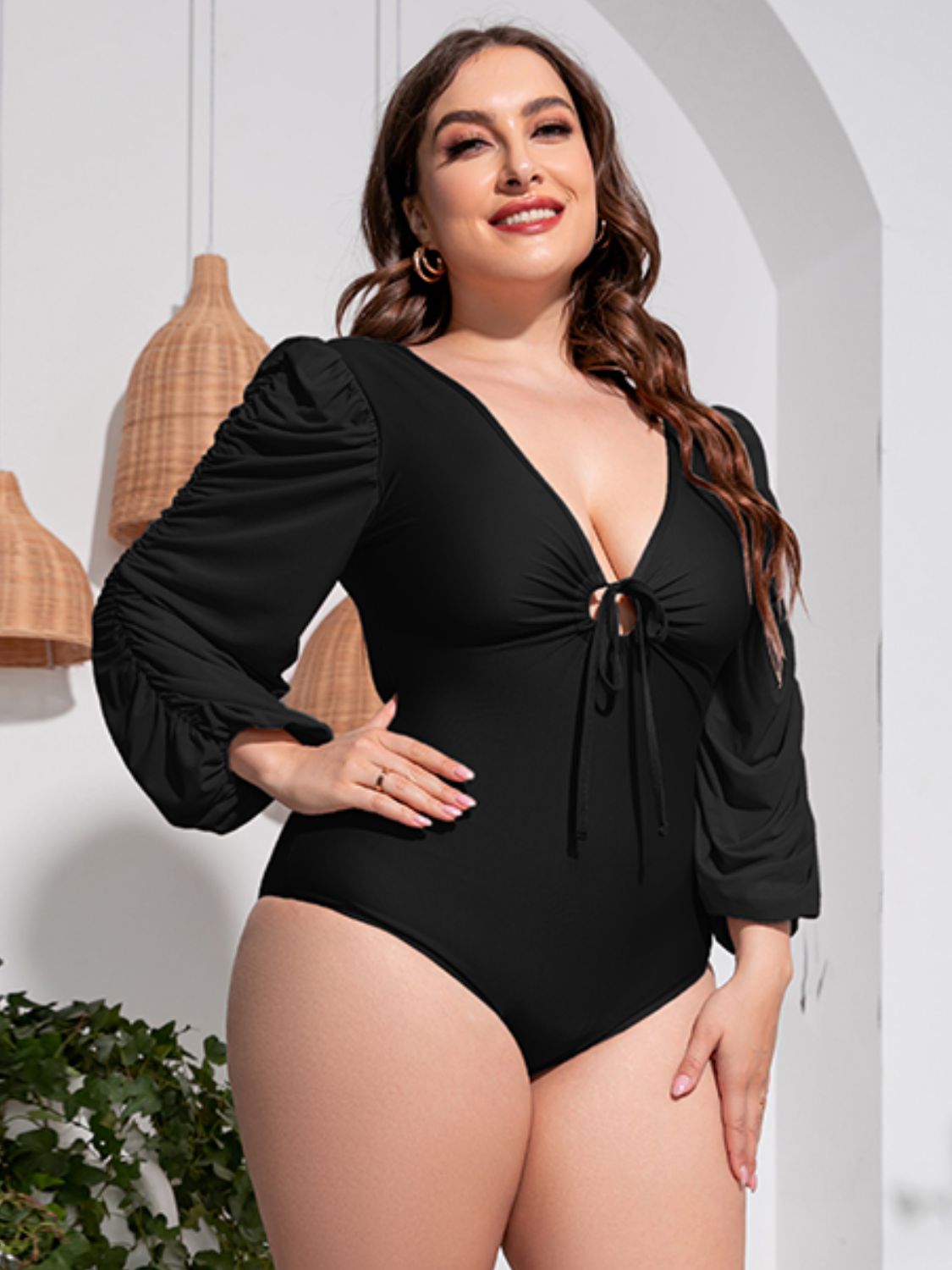 Deep V Balloon Sleeve One-Piece Swimsuit