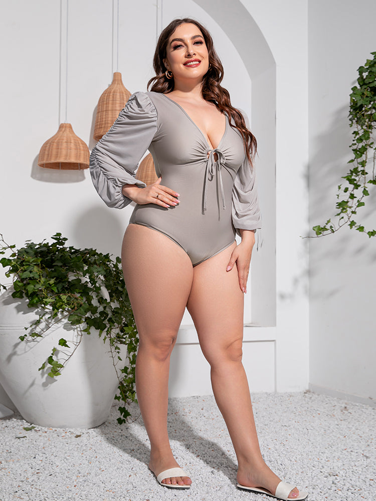 Deep V Balloon Sleeve One-Piece Swimsuit