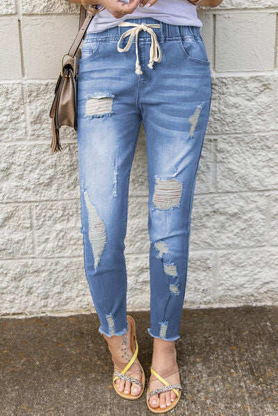 Drawstring Distressed Raw Hem Jeans