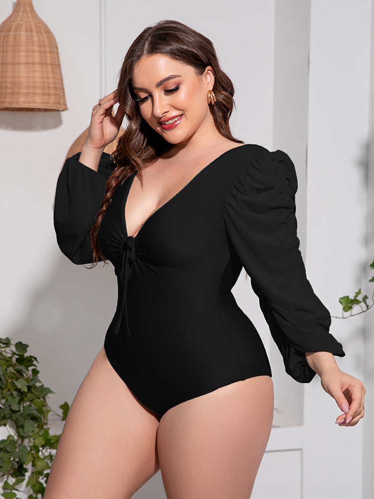 Deep V Balloon Sleeve One-Piece Swimsuit