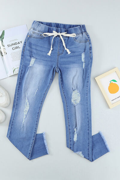 Drawstring Distressed Raw Hem Jeans